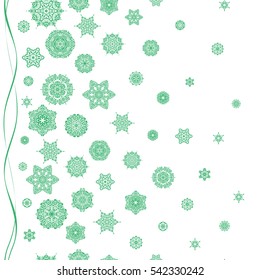 Snow crystal regular texture on blue, green and beige colors. Vector seamless pattern with stylized snowflakes. Winter, New Year, Christmas simple design on a white background.