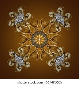 Snow crystal regular texture. Snowflake doodles. Vector seamless pattern with stylized snowflakes. Winter, New Year, Christmas simple design on a brown background.