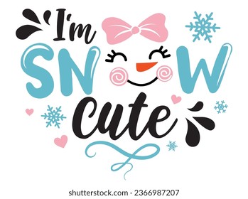 I'm snow cute vector illustration with girl snowmen and snowflakes. Kids Christmas design isolated good for Xmas greetings cards, poster, print, sticker, invitations, baby t-shirt, mug, gifts.