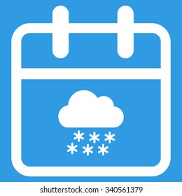 Snow Date vector icon. Style is flat symbol, white color, rounded angles, blue background.