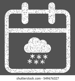 Snow Day grainy textured icon for overlay watermark stamps. Flat symbol with scratched texture. Dotted vector white ink rubber seal stamp with grunge design on a gray background.