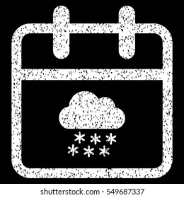Snow Day grainy textured icon for overlay watermark stamps. Flat symbol with dirty texture. Dotted vector white ink rubber seal stamp with grunge design on a black background.