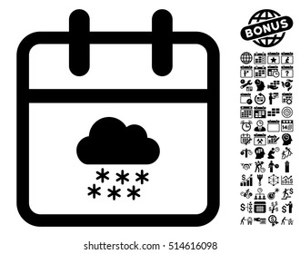 Snow Day icon with bonus calendar and time management pictogram. Vector illustration style is flat iconic symbols, black color, white background.