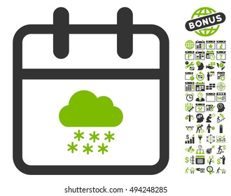 Snow Day pictograph with bonus calendar and time management pictograph collection. Vector illustration style is flat iconic bicolor symbols, eco green and gray colors, white background.