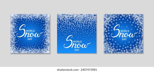 Cartel cuadrado del día de la nieve puesto en los medios sociales. Marco de nieve establecido en fondo azul. Grabado de nieve. Plantilla de texto de decoración de invierno. Para redes sociales, postales y saludos. Ilustración del vector