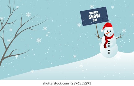 Snow day world snowman with a sign, vector art illustration.