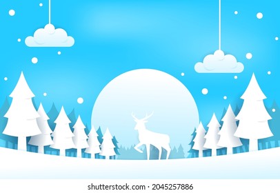 Snow Deer Pine Trees Winter Papercut Paper Cut Style Illustration