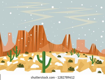 Snow in desert. Illustration of unusual and rare whether event