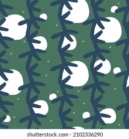 Snow and dew on branches. Seamless pattern vector. Autumn winter print. White hand made balls on green background, repeatable. Surface design. Night, abstract illustration. Backdrop.