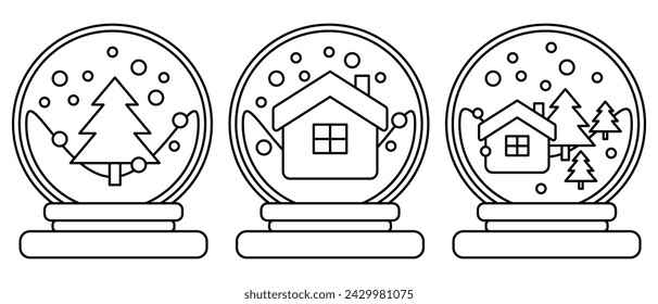 Conjunto de iconos de línea de cúpula de nieve. Iconos del globo de nieve con el árbol y la casa. Decoración para Navidad y Año Nuevo. Ilustración vectorial aislada en el fondo.