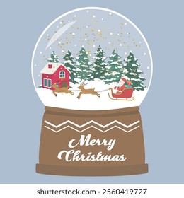 Snow dome vector illustration. Santa and reindeer are running inside the dome.