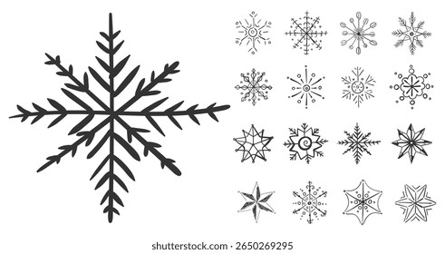 Schneedoodle-Vektor. Handgemalte Schneeflocken und Kristalle für den Winterhintergrund. Eisflitter-Skizzendesign für Urlaubsgrüße, Weihnachtsdekor und saisonale Ornament-Kollektion in Weiß und Blau.

