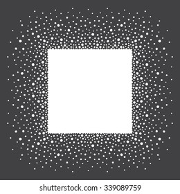 Snow or dots frame with empty space for your text. Winter background made of spots or snowflakes of various size. Square shape. New Year, Christmas black and white abstract template.