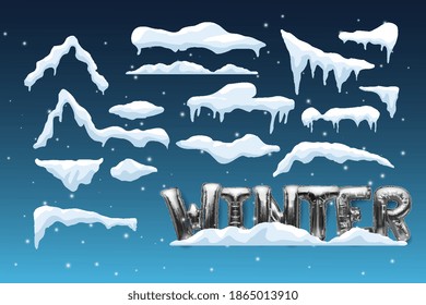 Snow Drift Vector. Snow, Drifts. New year's Winter snow set. Realistic Snow Caps. Isolated Illustration. The inscription is made of silver balls.