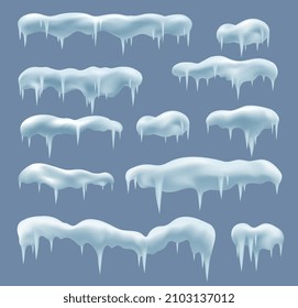 Snow drifts with ice icicles on blue background. Frozen ice caps, Christmas and New Years winter decor elements.