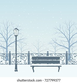 Snow drifts in winter park. Snow covered trees, bench and street lamp. Christmas vector illustration.