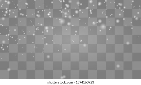 Snow or dust lights falling on transparent. Realistic snowfall overlay background. 16x9 Stock vector illustration	