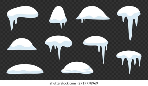 Schneekantenelemente-Kollektion mit eisigen Tropfen und gefrorenen Kappen, Eisschmelze, flache Vektorgrafik einzeln auf transparentem Hintergrund
