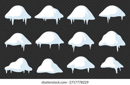 Schneekante mit schmelzenden Schneekappen und eisigen Tropfen, flache Vektorgrafik einzeln auf transparentem Hintergrund