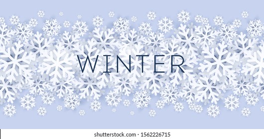 Snow Effect with Vector Snowflakes in the center on Light Background. Christmas Holiday Winter Frozen Ice 3D Illustration