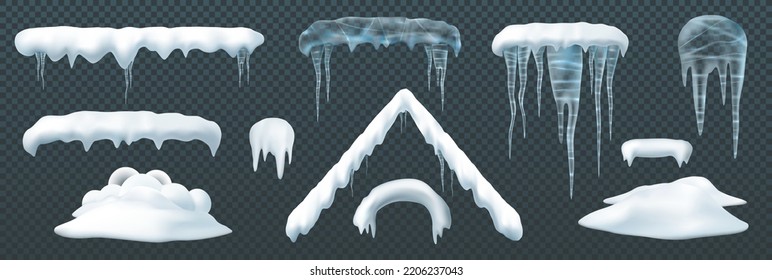 Snow elements. Snow capes piles icicles snowdrift mound bursting Snowball and snowdrifts, icicles and snow caps. Isolated winter vector set. Snowball effect illustration, ice snow globe