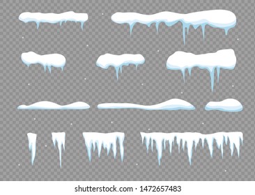 Snow elements. Snowball and snowdrift, icicles and snowcap borders. Vector template in cartoon style.