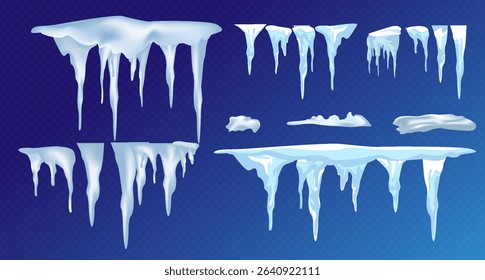 Snow elements. Snowball and snowdrift, icicles and snowcap borders. Isolated winter vector set. Illustration of snowball effect, frost snowcap
