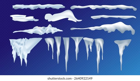 Snow elements. Snowball and snowdrift, icicles and snowcap borders. Isolated winter vector set. Illustration of snowball effect, frost snowcap