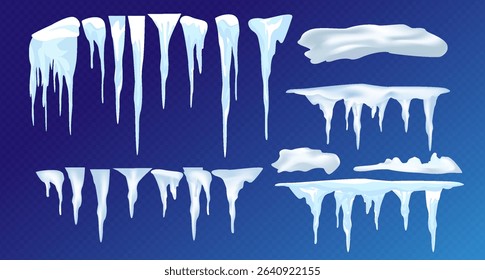 Snow elements. Snowball and snowdrift, icicles and snowcap borders. Isolated winter vector set. Illustration of snowball effect, frost snowcap