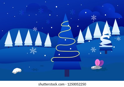 snow evergreen forest illustration. winter deisgn background. 
