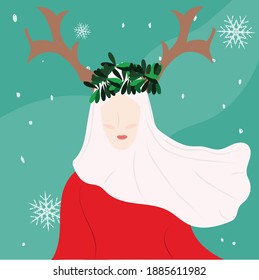 Snow fairy with white hijab standing in snow and wearing red dress