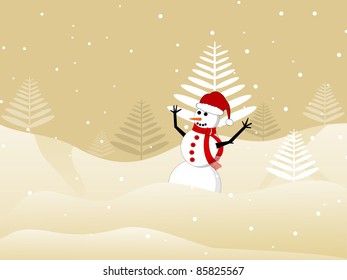 snow fall, artistic tree concept background with snowman vector for merry christmas