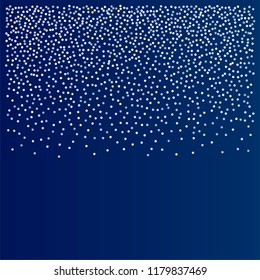 snow fall blue christmas background, winter snowflake vector. sparkling abstract confetti falling. light magic shining Flying glitter dots, sparkle border minimal decoration on blue