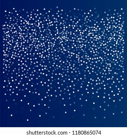 snow fall blue christmas background, winter snowflake vector. sparkling abstract confetti falling. light magic shining Flying glitter dots, sparkle border minimal decoration on blue