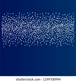 snow fall blue christmas background, winter snowflake vector. sparkling abstract confetti falling. light magic shining Flying glitter dots, sparkle border minimal decoration on blue
