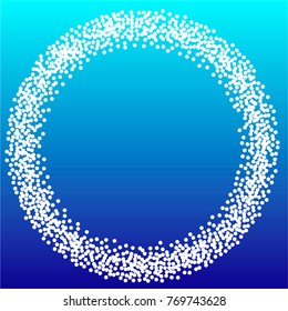 snow fall blue christmas background frame or border, winter snowflake sky vector illustration. sparkling abstract confetti falling. light magic shining Flying glitter dots particles, sparkle backdrop.