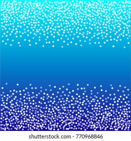 snow fall blue christmas background frame or border, winter snowflake sky vector illustration. sparkling abstract confetti falling. light magic shining Flying glitter dots particles, sparkle backdrop.
