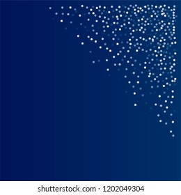 snow fall blue christmas corners background, winter snowflake vector. sparkling abstract confetti falling. light magic shining Flying glitter dots, sparkle border minimal decoration on blue