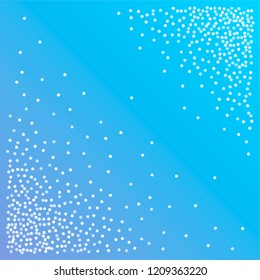 snow fall blue christmas corners background, winter snowflake vector. sparkling abstract confetti falling. light magic shining Flying glitter dots, sparkle border minimal decoration on blue