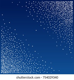 Snow Fall Blue Christmas Corners Background, Winter Snowflake Sky Vector Illustration. Sparkling Abstract Confetti Falling. Light Magic Shining Flying Glitter Dots Particles, Sparkle Border Backdrop. 