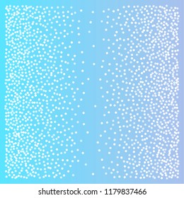 snow fall christmas background, winter white snowflakes vector. sparkling abstract confetti falling. light magic shining Flying glitter dots, sparkle border minimal decoration on blue