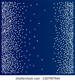 snow fall christmas background, winter white snowflakes vector. sparkling abstract confetti falling. light magic shining Flying glitter dots, sparkle border minimal decoration on blue
