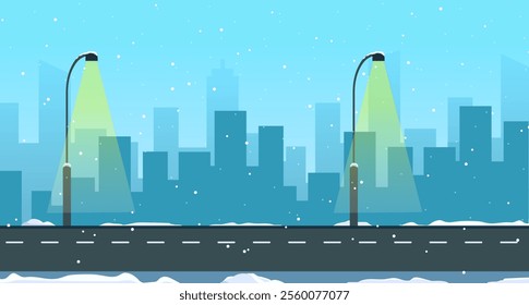 Snow Fall in City Road Background Vector, Flat Vector background, snow in city, vector background