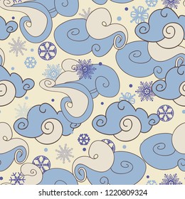 Snow fall seamless pattern, winter clouds and snowflakes