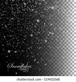 Snow falling background. Vector Christmas illustration of snowflakes and sparkles. Snowflakes falling down isolated on transparent checkered background. Holiday decoration element for design
