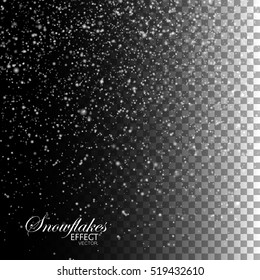 Snow falling background. Vector Christmas illustration of snowflakes and sparkles. Snowflakes falling down isolated on transparent checkered background. Holiday decoration element for design