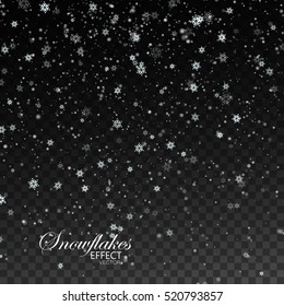 Snow falling background. Vector Christmas illustration of snowflakes and sparkles. Snowflakes falling down isolated on transparent checkered background. Holiday decoration element for design