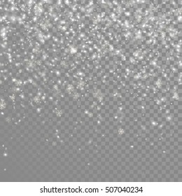 Snow falling background. Vector magic Christmas eve snowfall. White glitter snowflakes falling down on transparent background.