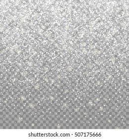 Snow falling background. Vector magic Christmas eve snowfall. White glitter snowflakes falling down on transparent background.