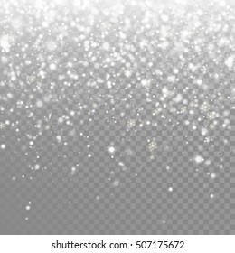 Snow Falling Background. Vector Magic Christmas Eve Snowfall. White Glitter Snowflakes Falling Down On Transparent Background.